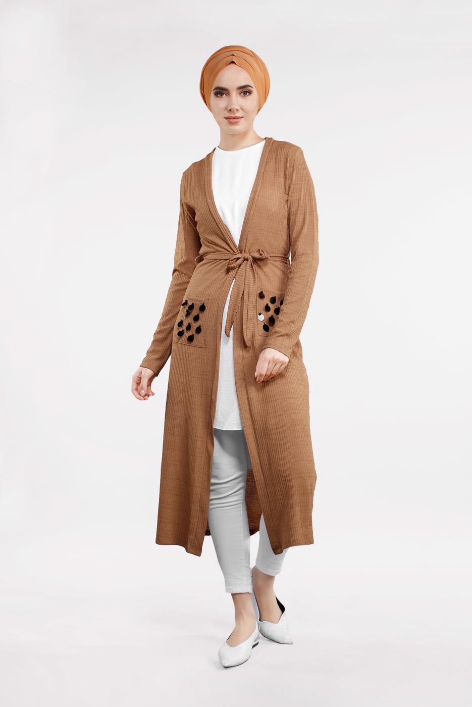 Tesettür giyim KAHVE BELDEN KUŞAKLI PULLU CEKET 2053