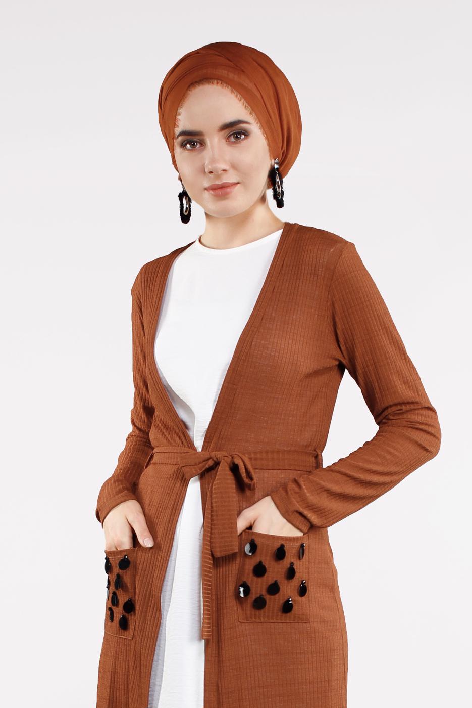 Tesettür giyim TABA BELDEN KUŞAKLI PULLU CEKET 2053