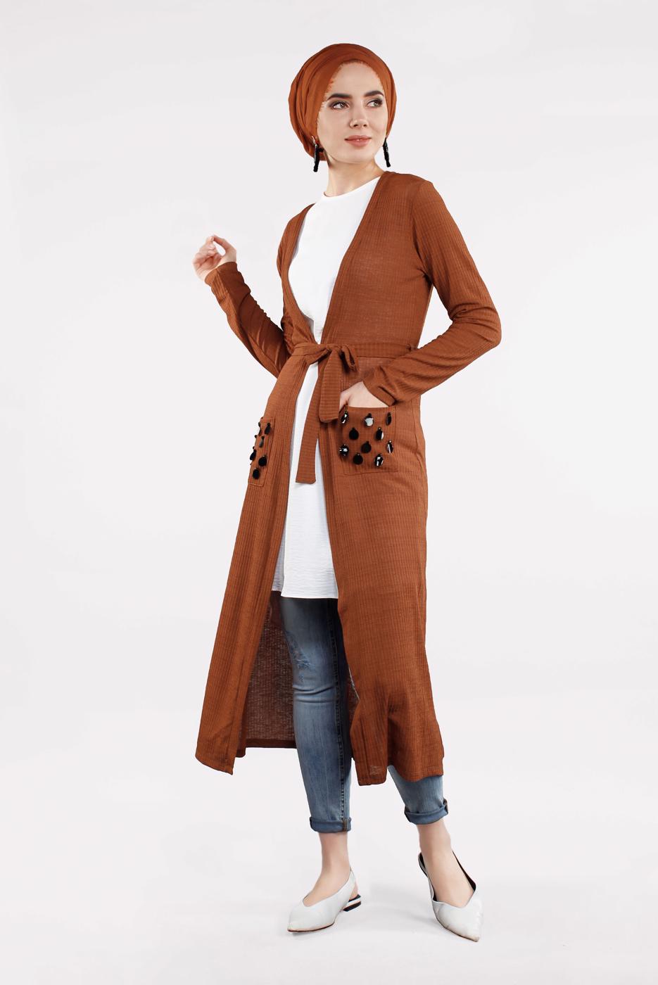 Tesettür giyim TABA BELDEN KUŞAKLI PULLU CEKET 2053