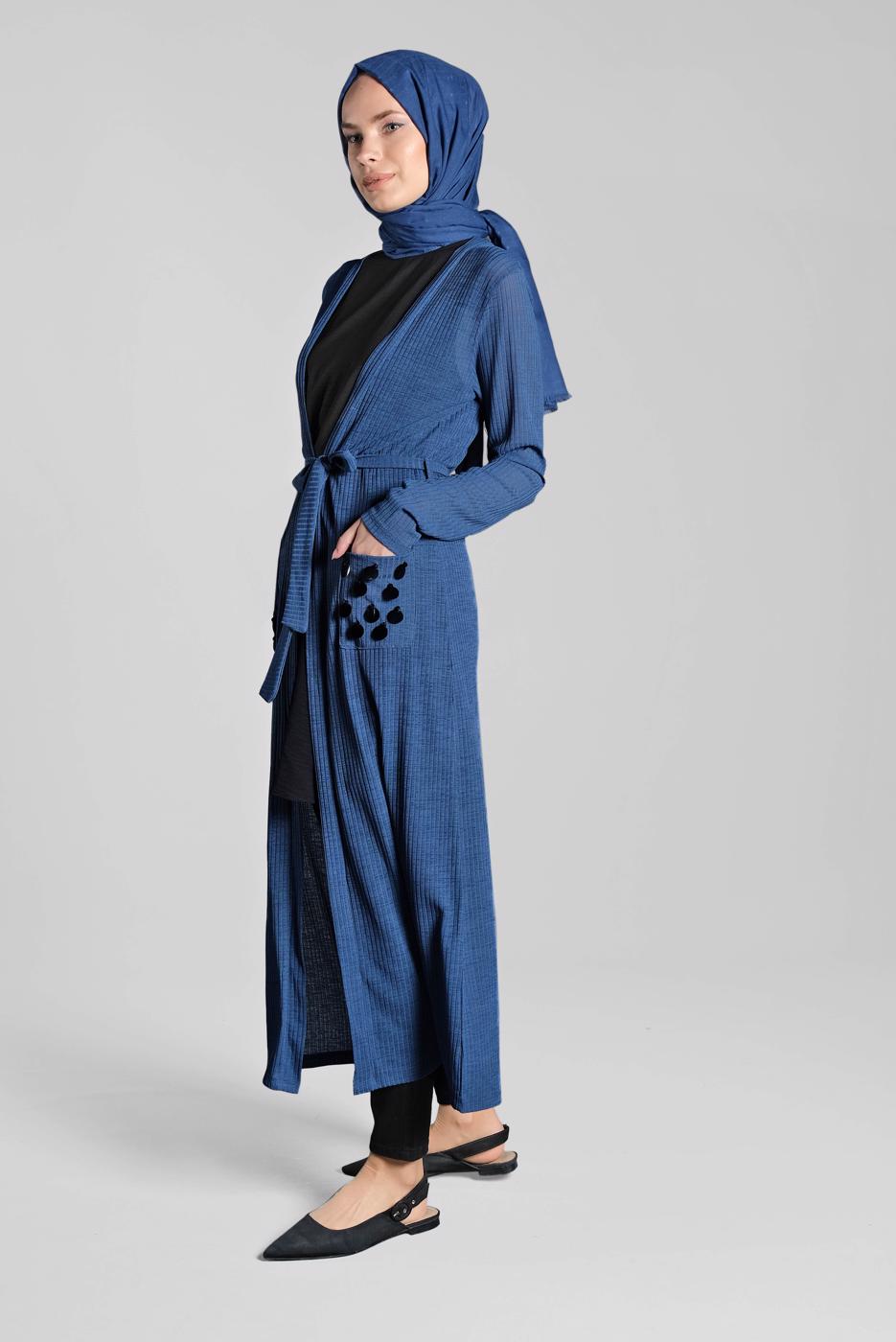 Tesettür giyim LACİVERT BELDEN KUŞAKLI PULLU CEKET 2053