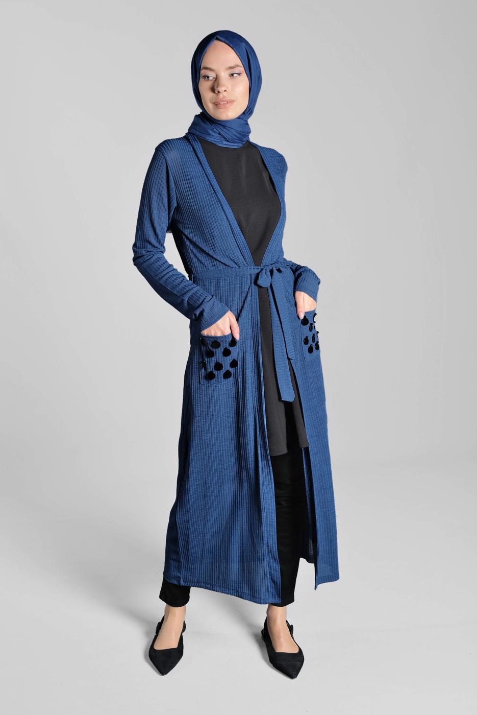 Tesettür giyim LACİVERT BELDEN KUŞAKLI PULLU CEKET 2053