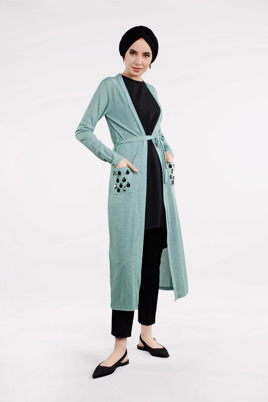 Tesettür giyim YEŞİL BELDEN KUŞAKLI PULLU CEKET 2053
