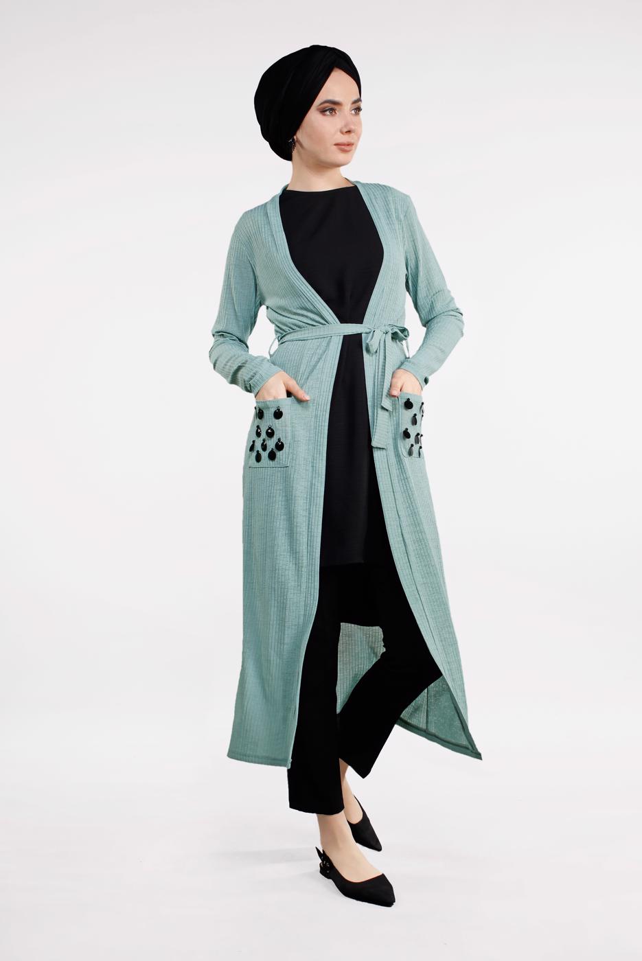 Tesettür giyim YEŞİL BELDEN KUŞAKLI PULLU CEKET 2053