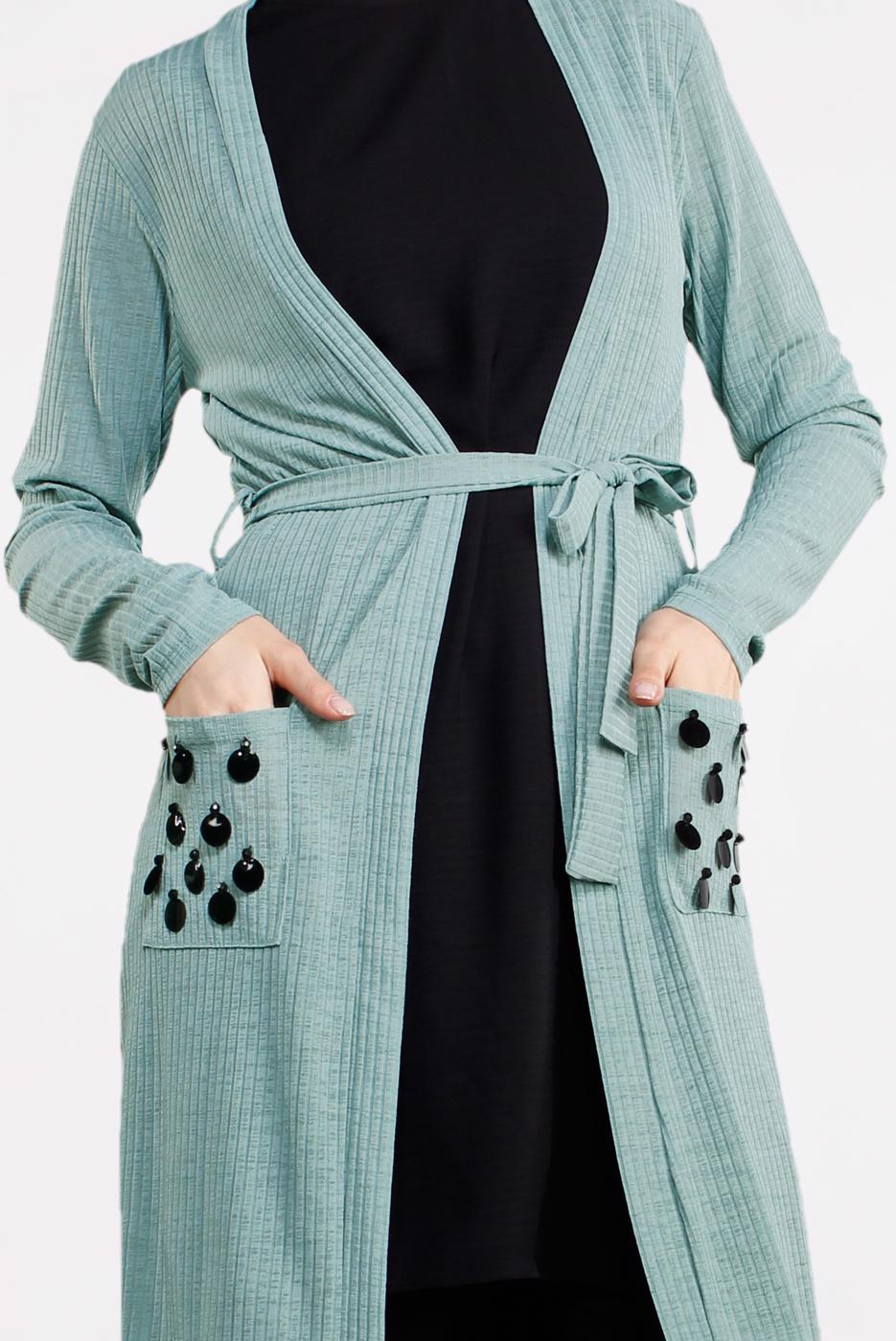 Tesettür giyim YEŞİL BELDEN KUŞAKLI PULLU CEKET 2053