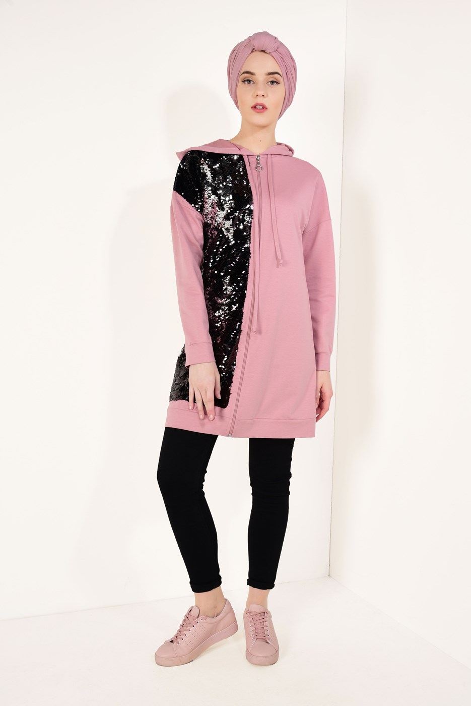 Tesettür giyim PUDRA PUL PAYETLİ ÖNDEN FERMUARLI CEKET T 2428