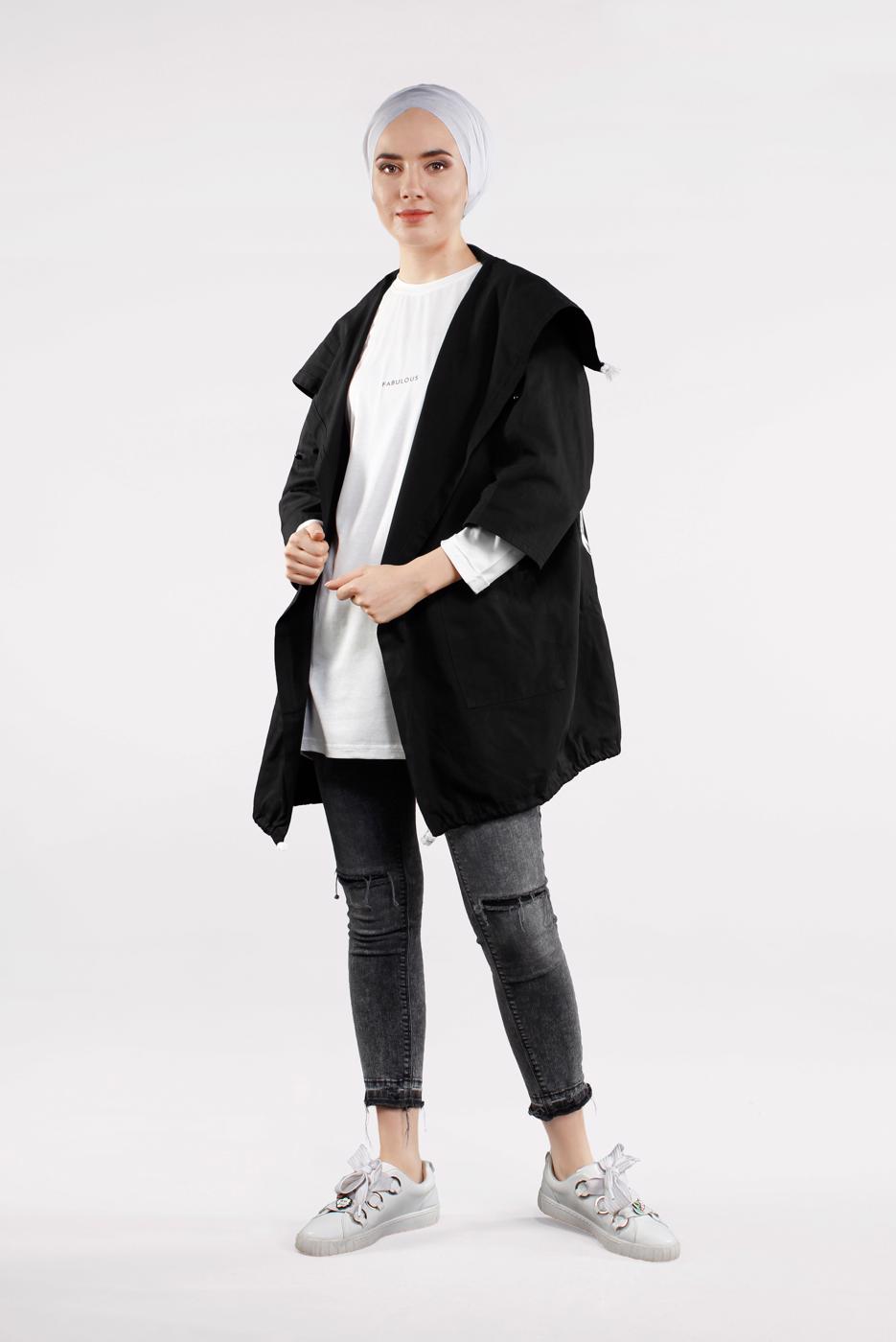 Tesettür giyim SİYAH ŞAL YAKA TRENÇKOT 2522