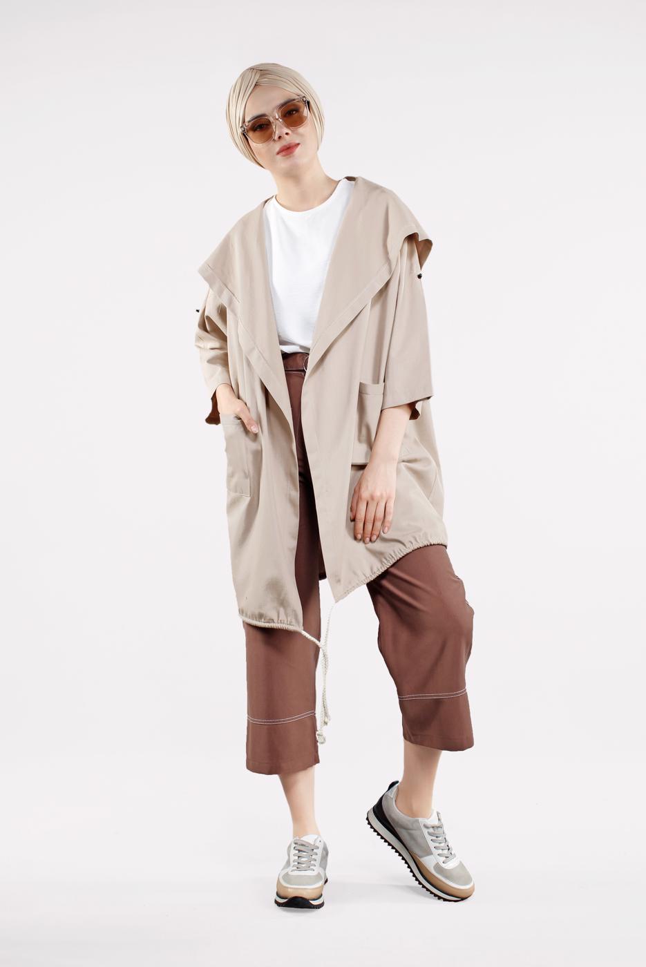 Tesettür giyim BEJ ŞAL YAKA TRENÇKOT 2522