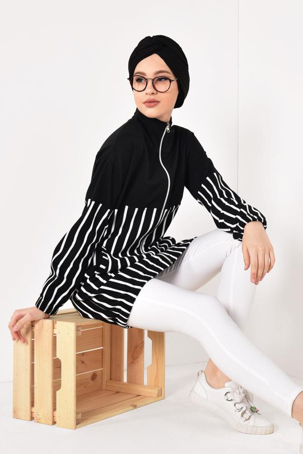 Tesettür giyim  FERMUARLI ÇİZGİLİ EŞOFMAN CEKET T 2810 - TRENDTESETTÜR