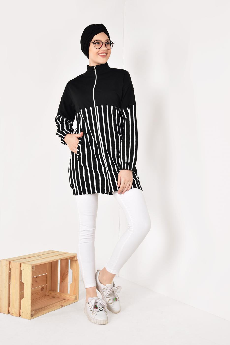 Hijab clothing BLACK Zipper Striped Tracksuit Jacket T 2810 