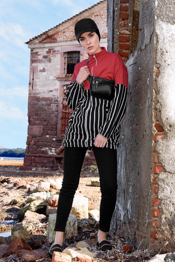 Vêtements hijab  Zipper Striped Tracksuit Jacket T 2810  - TRENDTESETTÜR