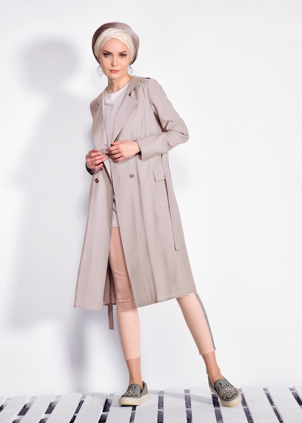 Tesettür giyim BEJ BELİ KUŞAKLI CEPLİ GİY ÇIK 4178