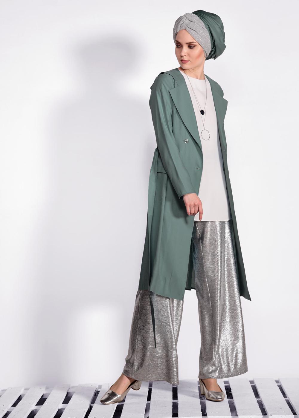 Tesettür giyim HAKİ BELİ KUŞAKLI CEPLİ GİY ÇIK 4178