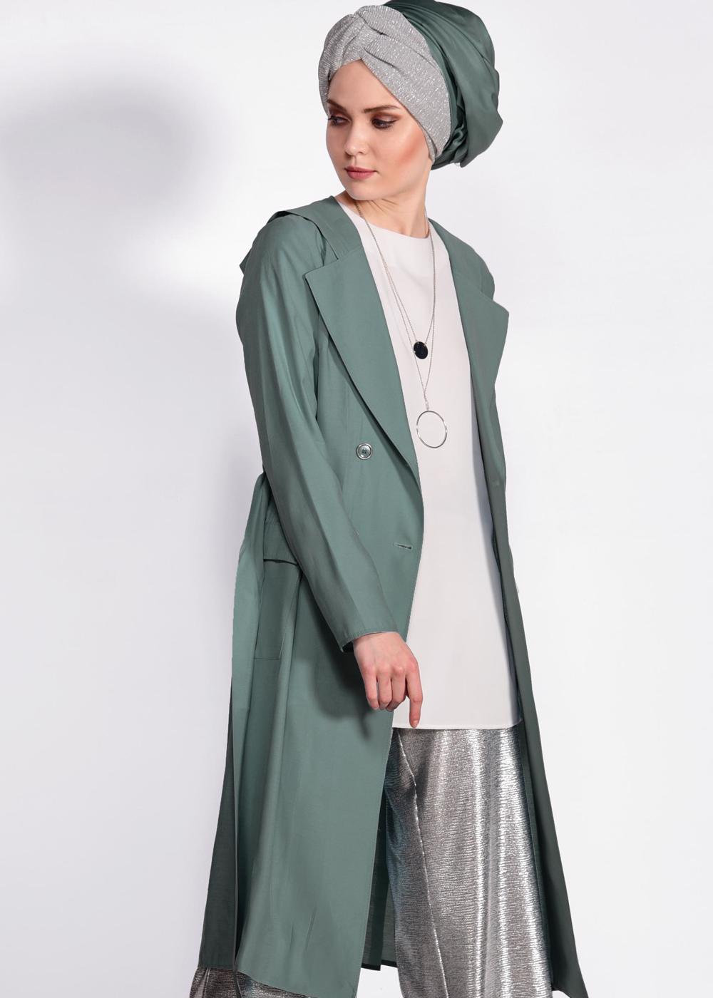 Tesettür giyim HAKİ BELİ KUŞAKLI CEPLİ GİY ÇIK 4178