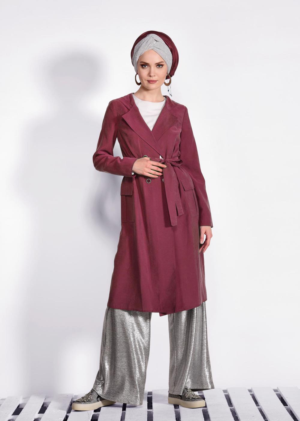 Tesettür giyim BORDO BELİ KUŞAKLI CEPLİ GİY ÇIK 4178
