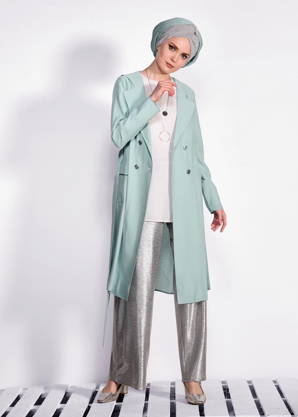 Tesettür giyim MAVİ BELİ KUŞAKLI CEPLİ GİY ÇIK 4178