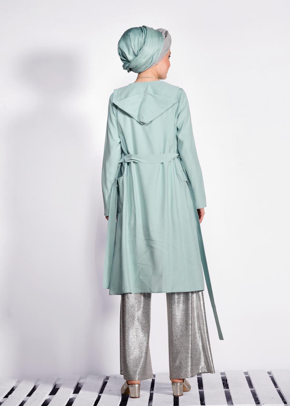 Tesettür giyim MAVİ BELİ KUŞAKLI CEPLİ GİY ÇIK 4178