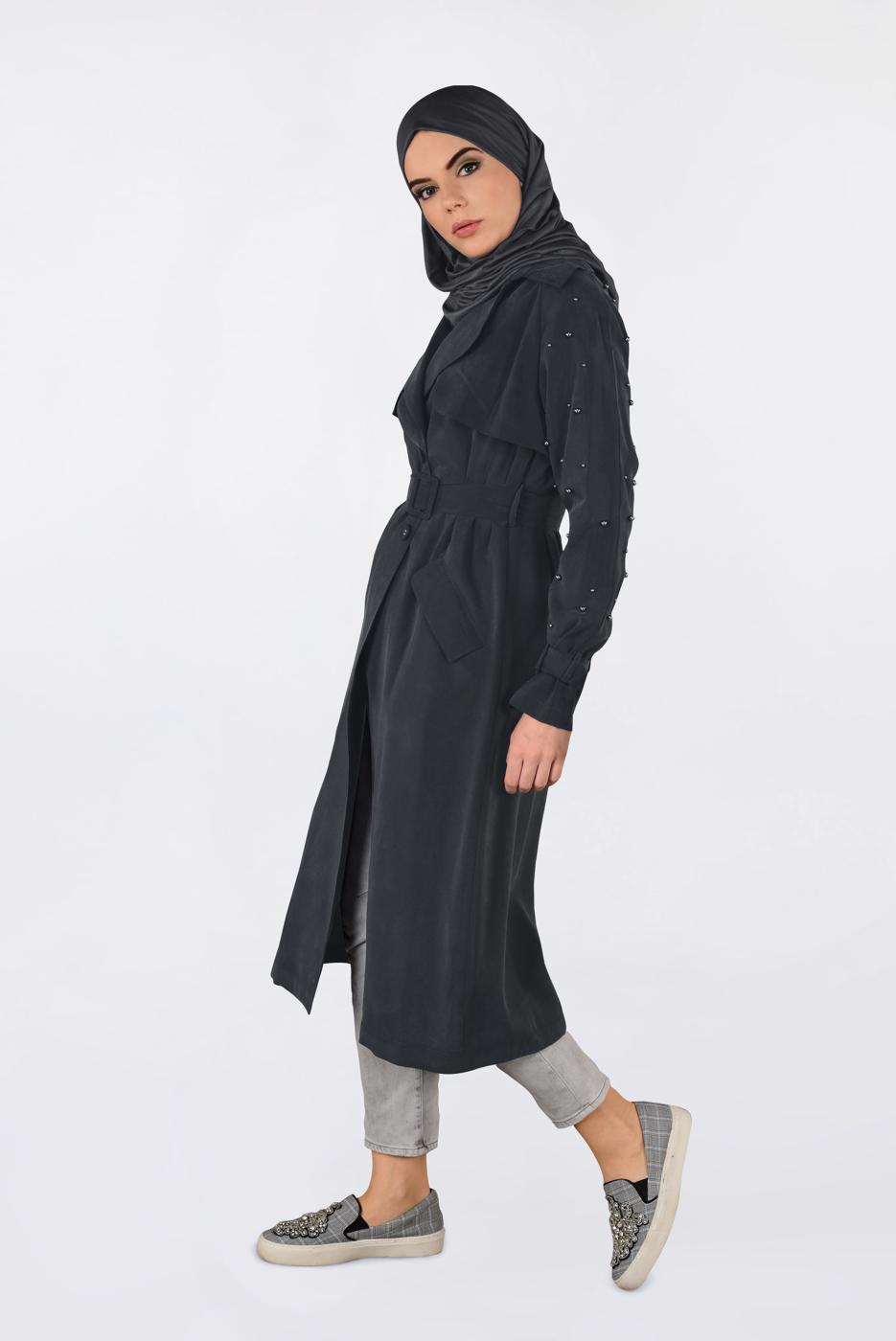 Tesettür giyim SİYAH KOLLARI İNCİ DETAYLI KEMERLİ GİY ÇIK 4206 