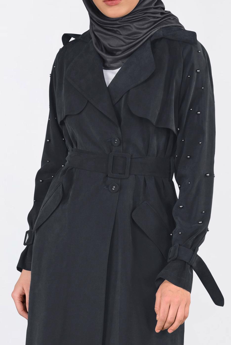 Tesettür giyim SİYAH KOLLARI İNCİ DETAYLI KEMERLİ GİY ÇIK 4206 