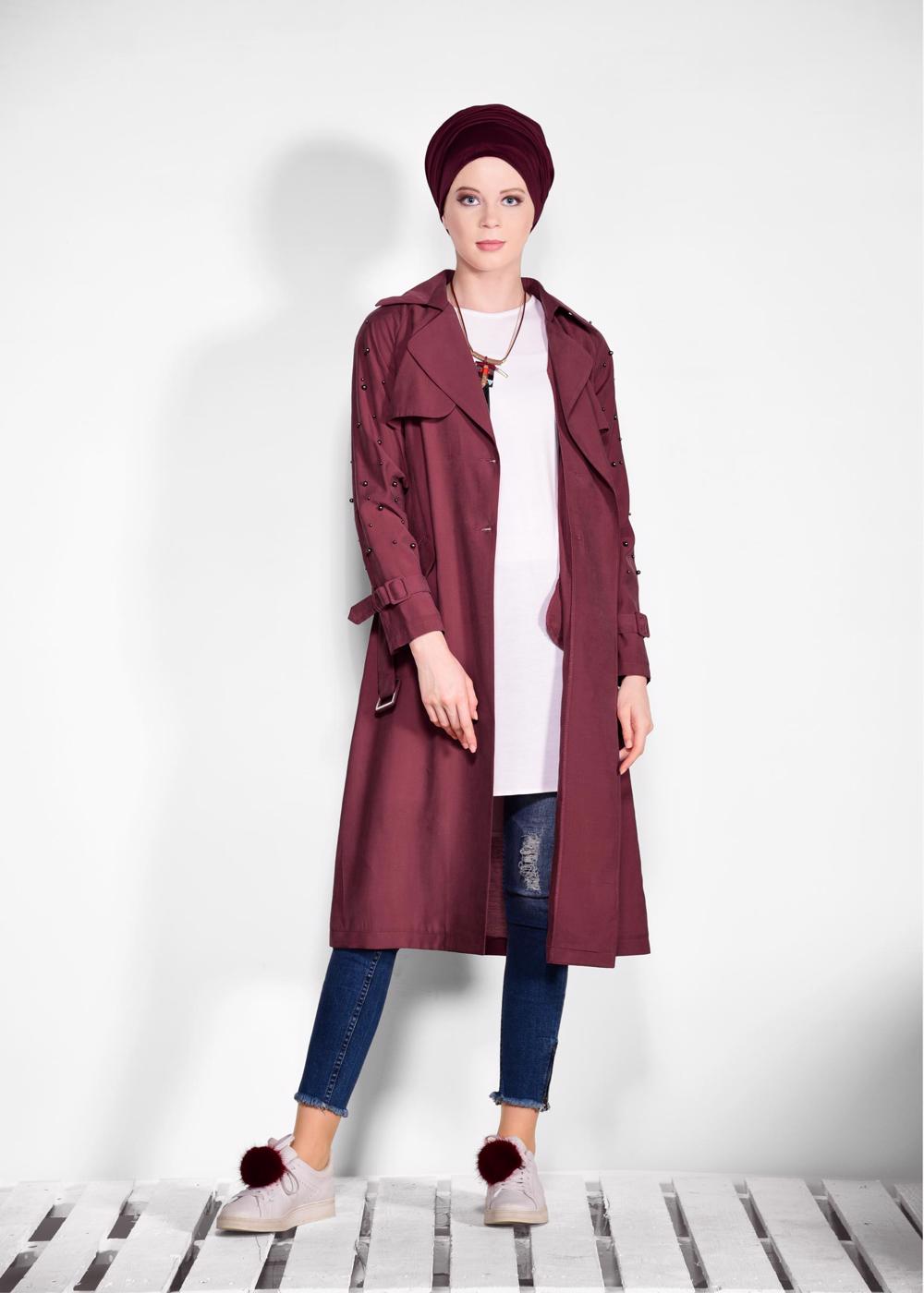 Tesettür giyim BORDO KOLLARI İNCİ DETAYLI KEMERLİ GİY ÇIK 4206 