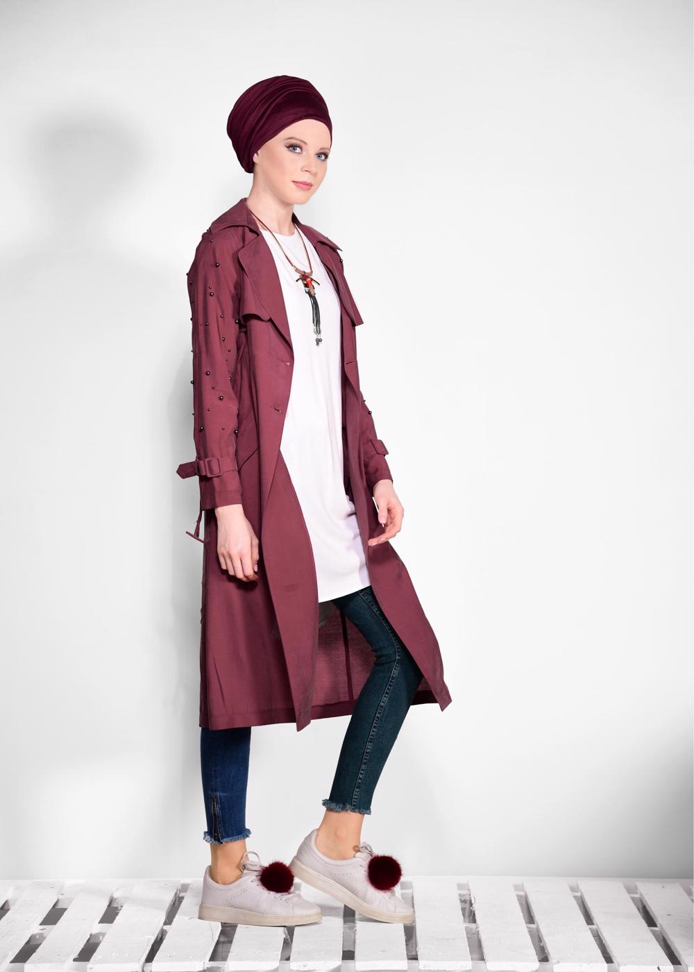 Tesettür giyim BORDO KOLLARI İNCİ DETAYLI KEMERLİ GİY ÇIK 4206 