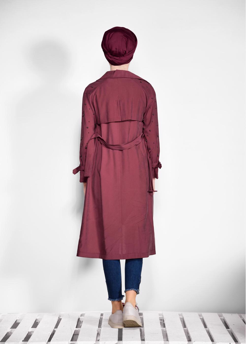 Tesettür giyim BORDO KOLLARI İNCİ DETAYLI KEMERLİ GİY ÇIK 4206 