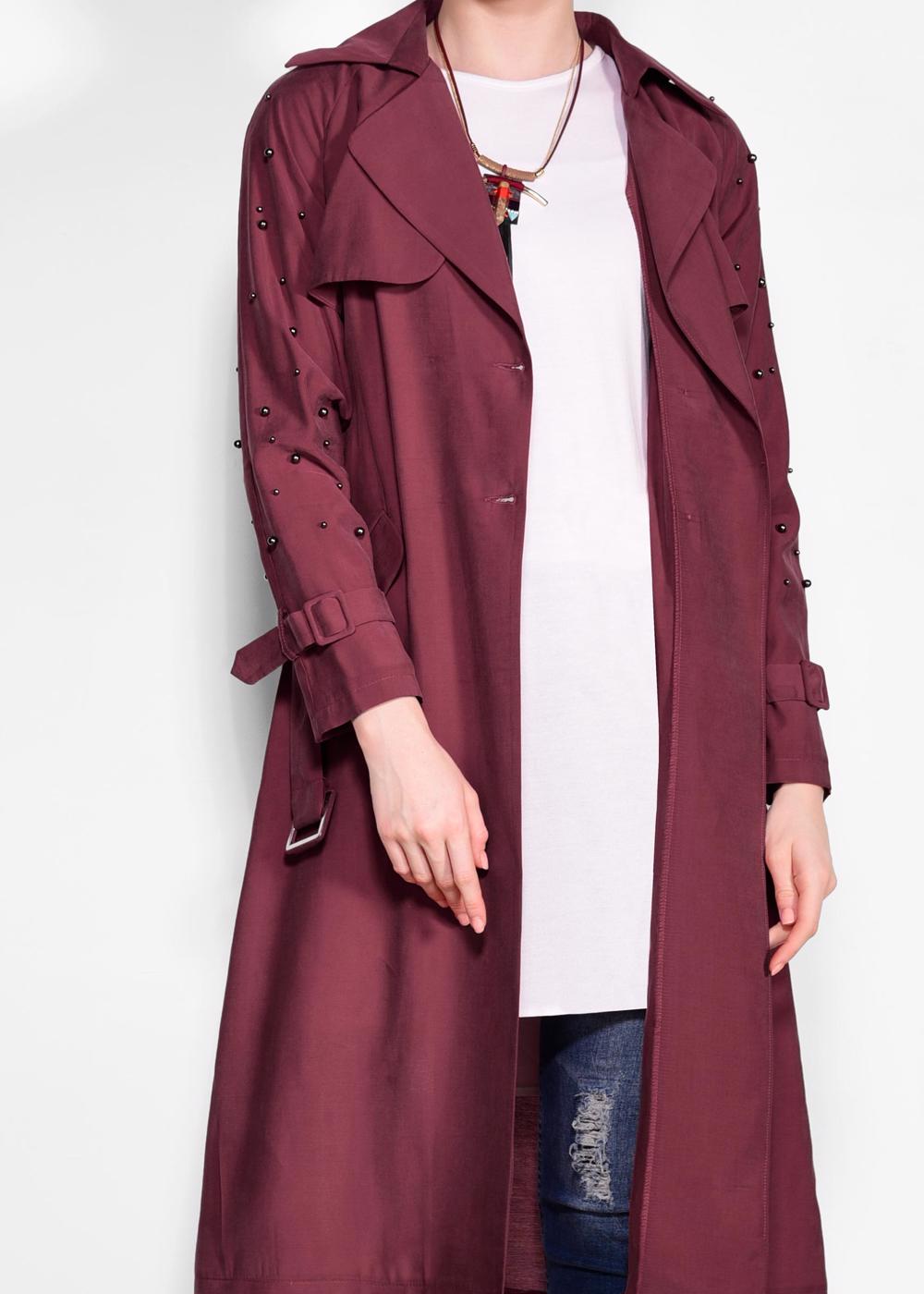 Tesettür giyim BORDO KOLLARI İNCİ DETAYLI KEMERLİ GİY ÇIK 4206 