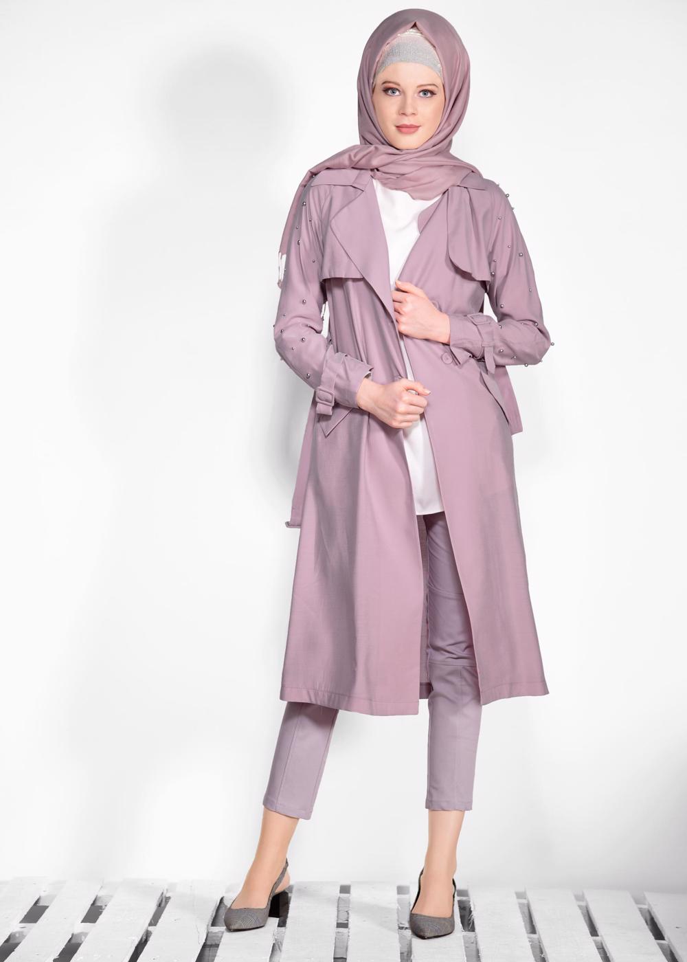 Tesettür giyim PUDRA KOLLARI İNCİ DETAYLI KEMERLİ GİY ÇIK 4206 