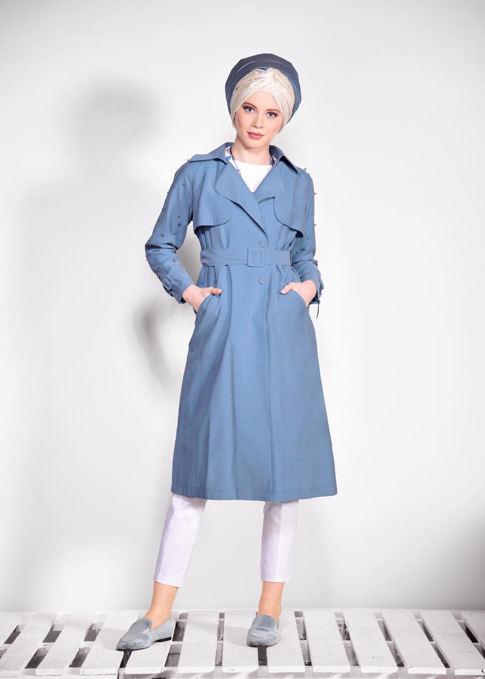 Tesettür giyim YEŞİL KOLLARI İNCİ DETAYLI KEMERLİ GİY ÇIK 4206 