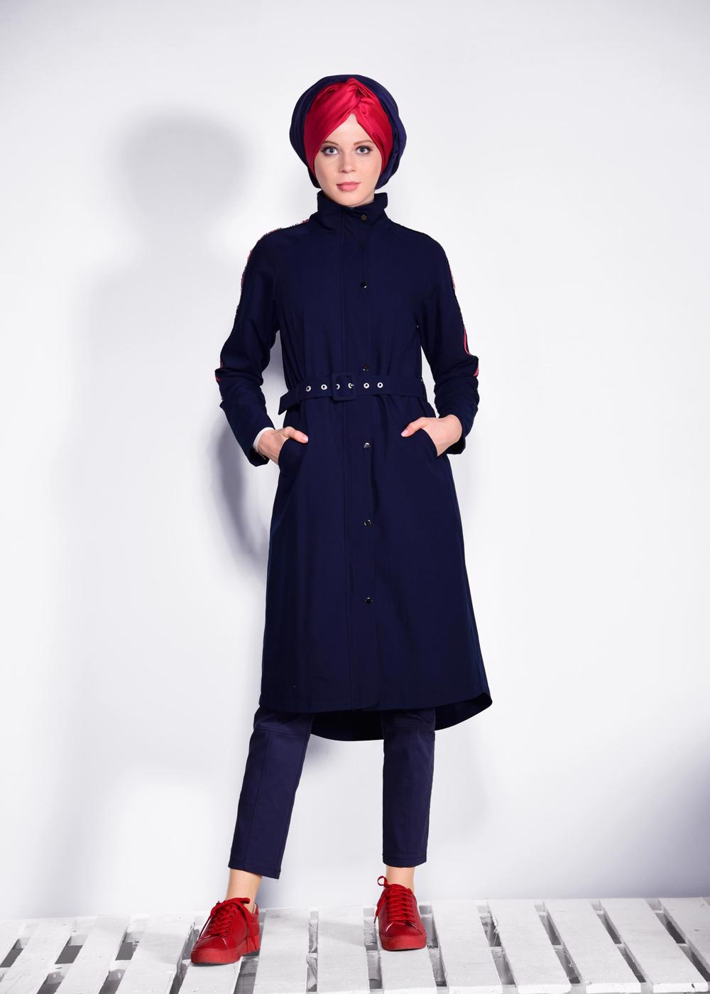 Tesettür giyim LACİVERT KOLLARI ŞERİT DETAYLI BELİ KEMERLİ GİY ÇIK 4245