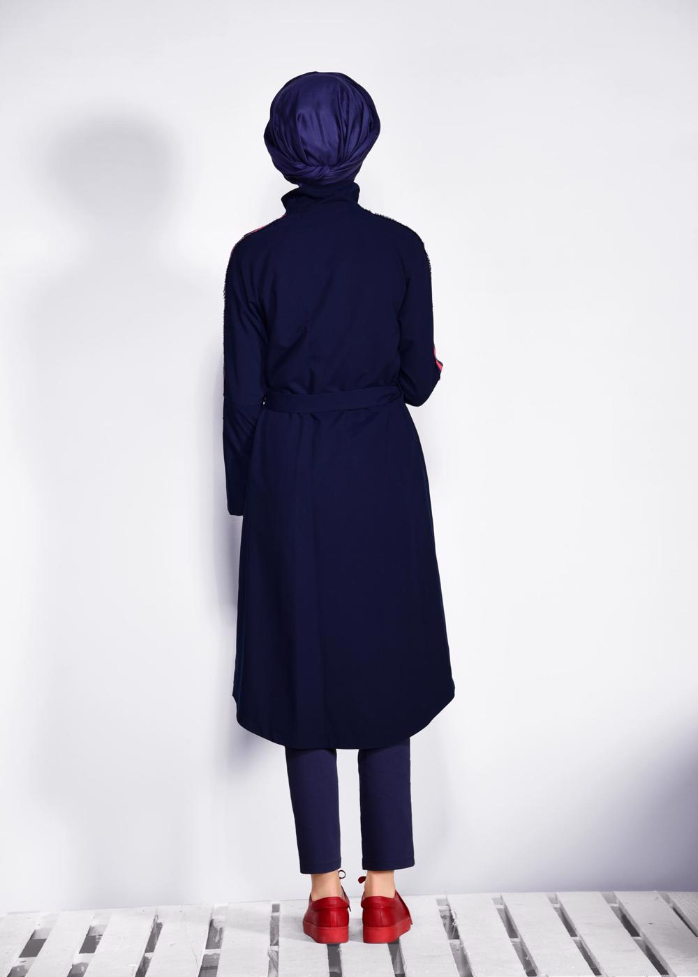 Tesettür giyim LACİVERT KOLLARI ŞERİT DETAYLI BELİ KEMERLİ GİY ÇIK 4245