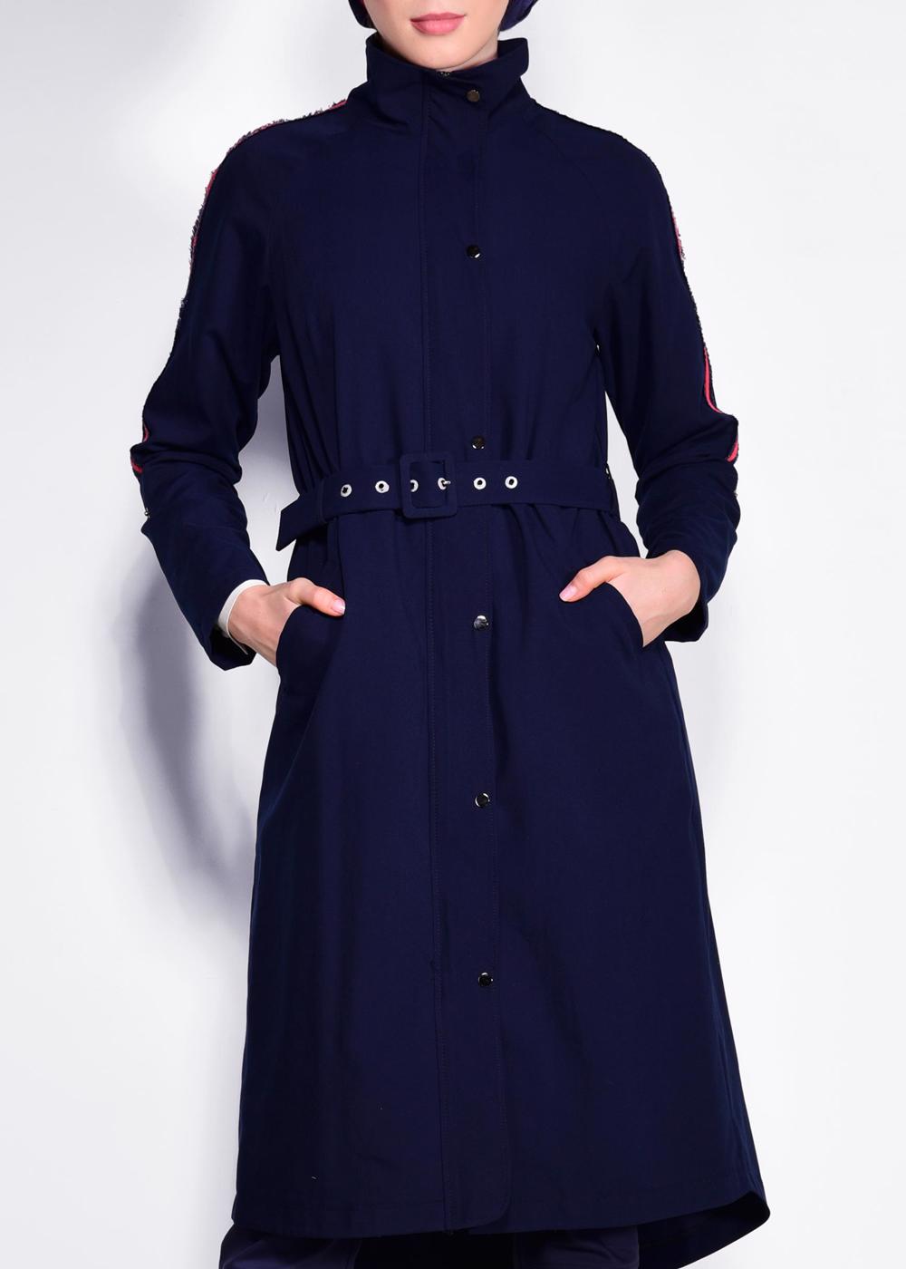 Tesettür giyim LACİVERT KOLLARI ŞERİT DETAYLI BELİ KEMERLİ GİY ÇIK 4245