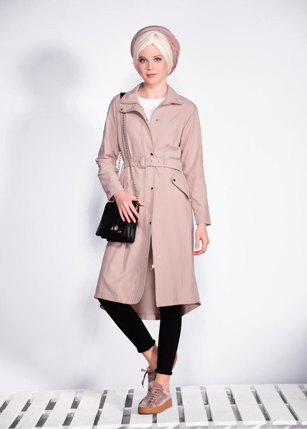 Tesettür giyim PUDRA KOLLARI ŞERİT DETAYLI BELİ KEMERLİ GİY ÇIK 4245