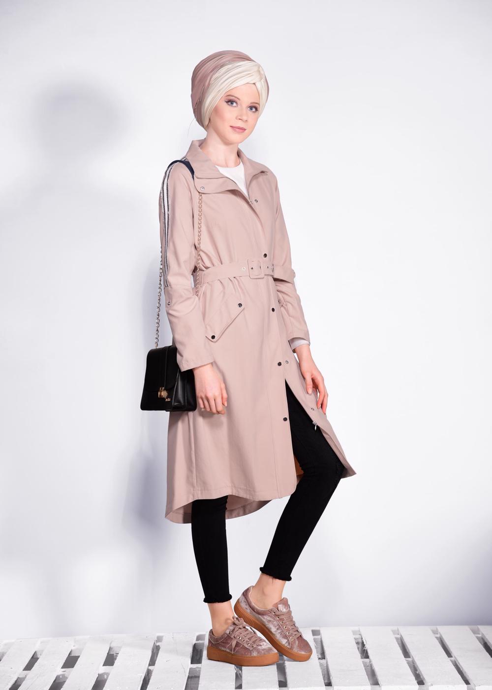 Tesettür giyim PUDRA KOLLARI ŞERİT DETAYLI BELİ KEMERLİ GİY ÇIK 4245