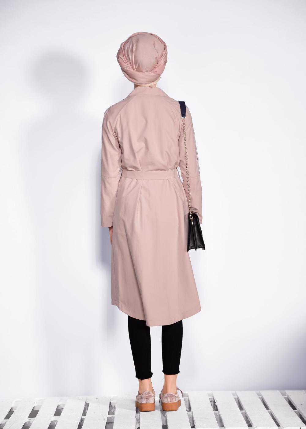 Tesettür giyim PUDRA KOLLARI ŞERİT DETAYLI BELİ KEMERLİ GİY ÇIK 4245