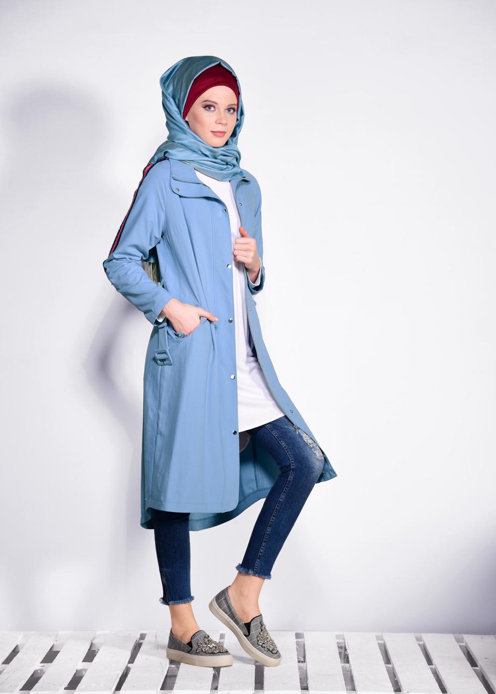 Tesettür giyim MAVİ KOLLARI ŞERİT DETAYLI BELİ KEMERLİ GİY ÇIK 4245