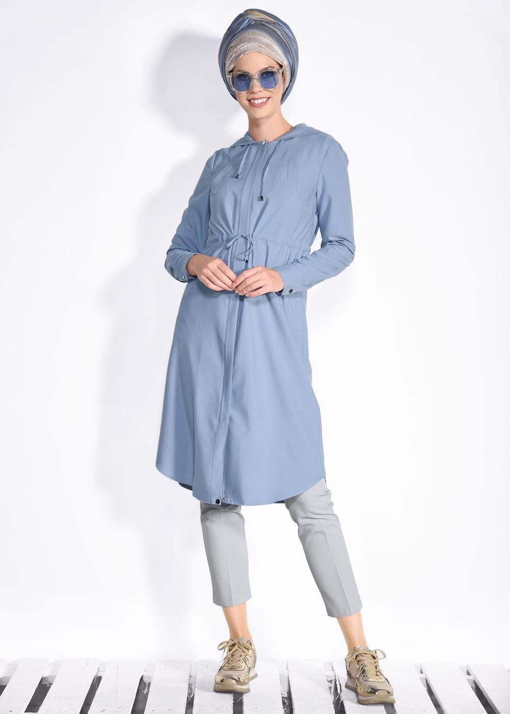 Tesettür giyim MAVİ KAPÜŞONLÜ BELİ BÜZGÜLÜ GİY ÇIK 4246 