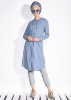 Tesettür giyim MAVİ KAPÜŞONLÜ BELİ BÜZGÜLÜ GİY ÇIK 4246 