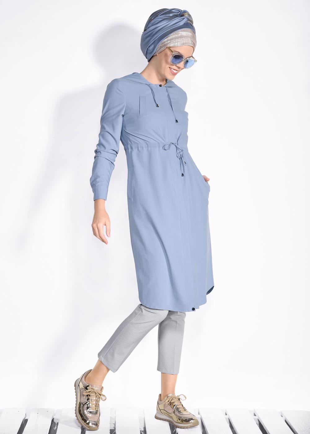 Tesettür giyim MAVİ KAPÜŞONLÜ BELİ BÜZGÜLÜ GİY ÇIK 4246 