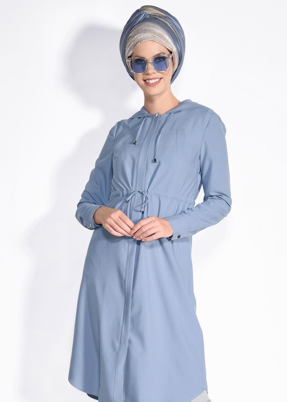 Tesettür giyim MAVİ KAPÜŞONLÜ BELİ BÜZGÜLÜ GİY ÇIK 4246 