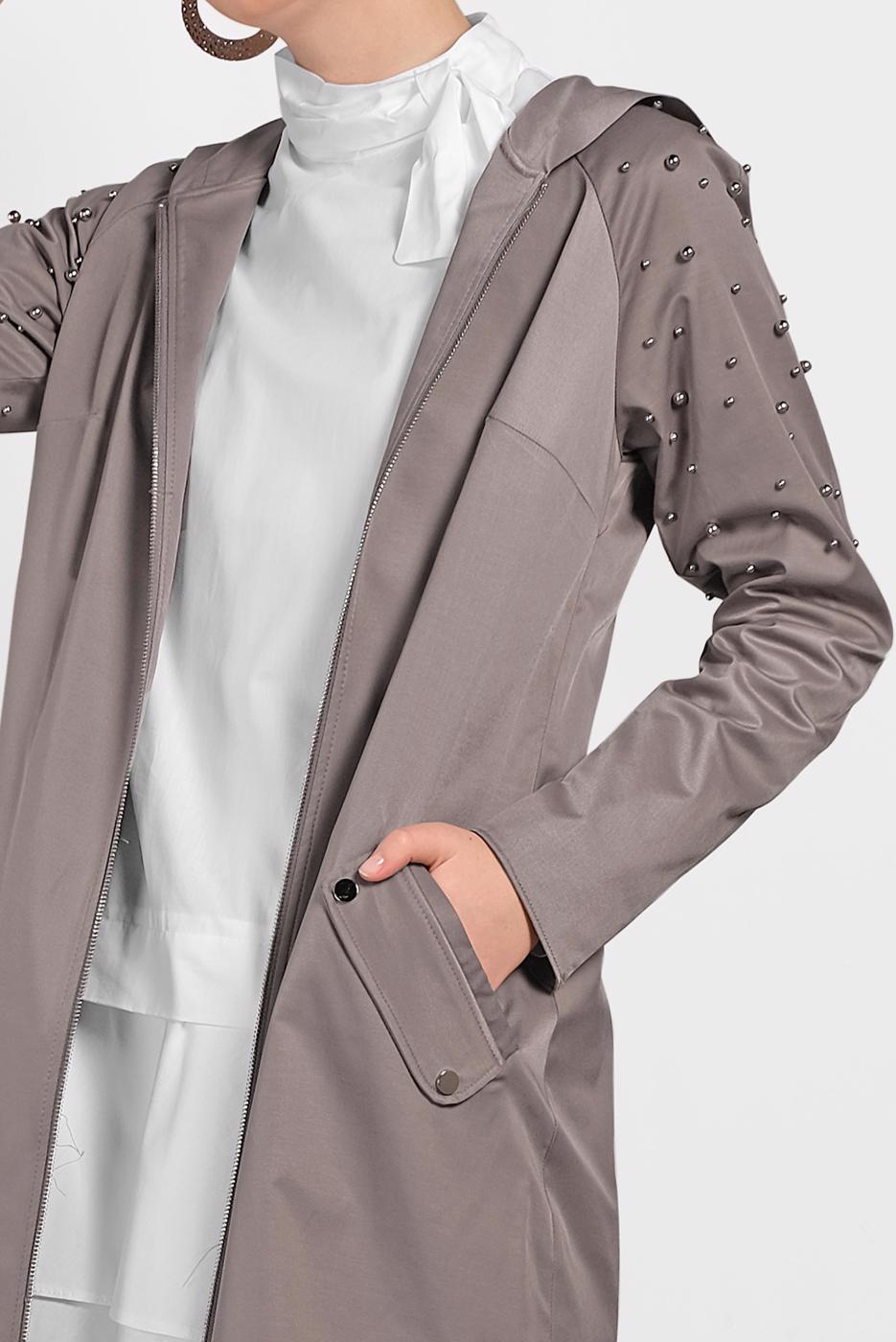 Tesettür giyim VİZON KAPÜŞONLU BONCUK DETAYLI GİY ÇIK 4247 