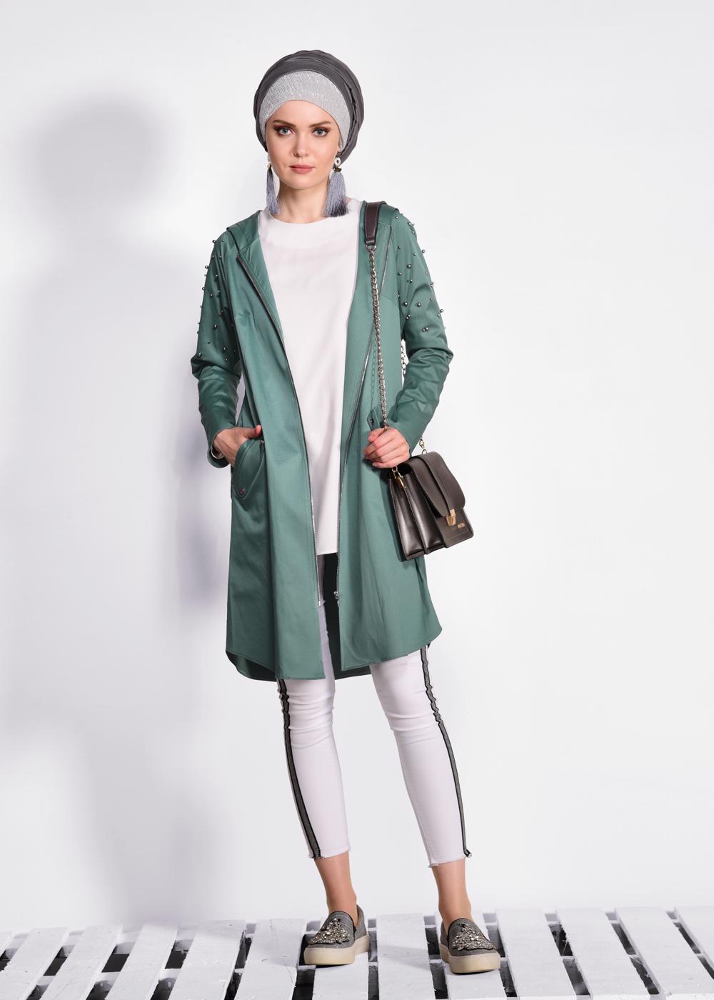 Hijab clothing GREEN Hooded Bead Embroidered Jacket T 4247 