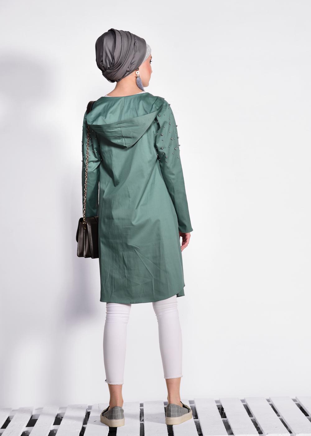 Hijab clothing GREEN Hooded Bead Embroidered Jacket T 4247 