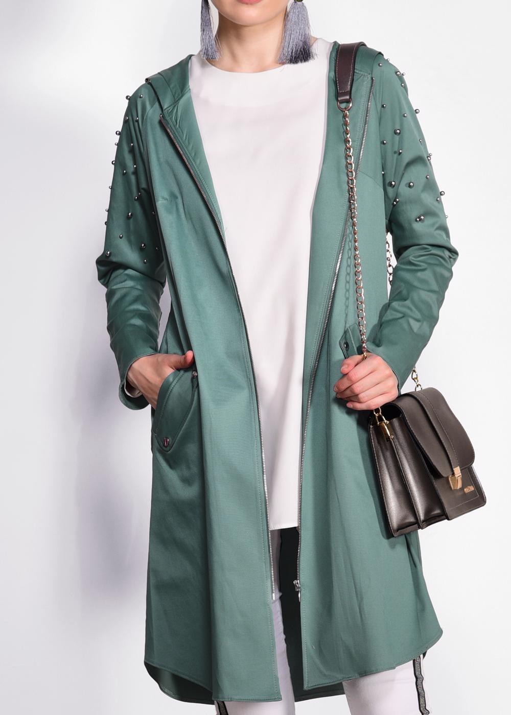 Tesettür giyim YEŞİL KAPÜŞONLU BONCUK DETAYLI GİY ÇIK 4247 