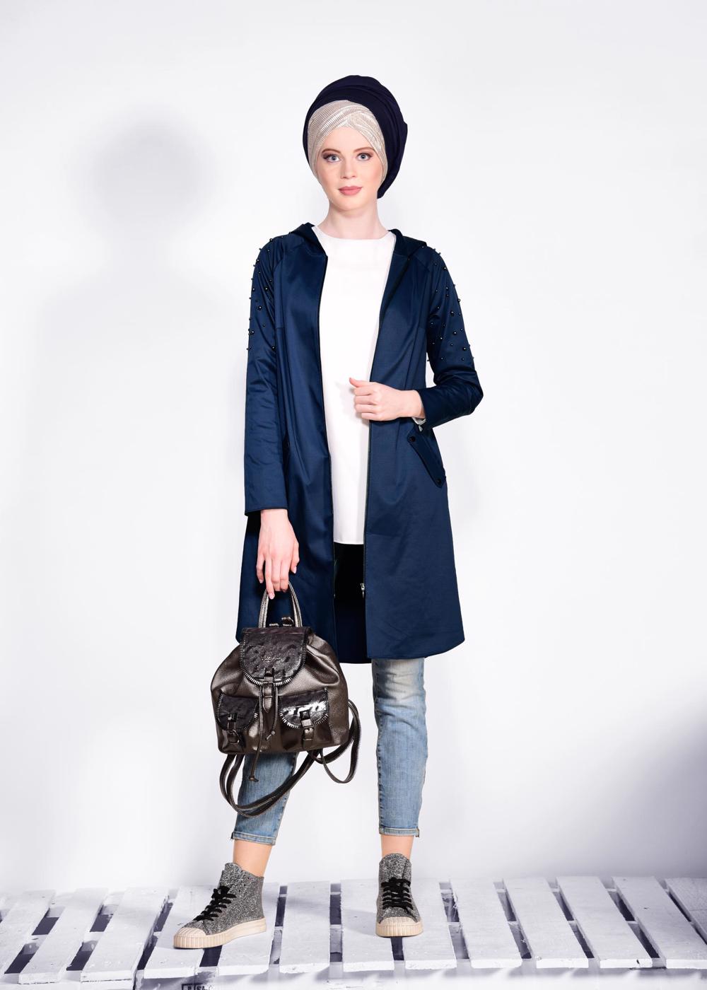 Tesettür giyim LACİVERT KAPÜŞONLU BONCUK DETAYLI GİY ÇIK 4247 