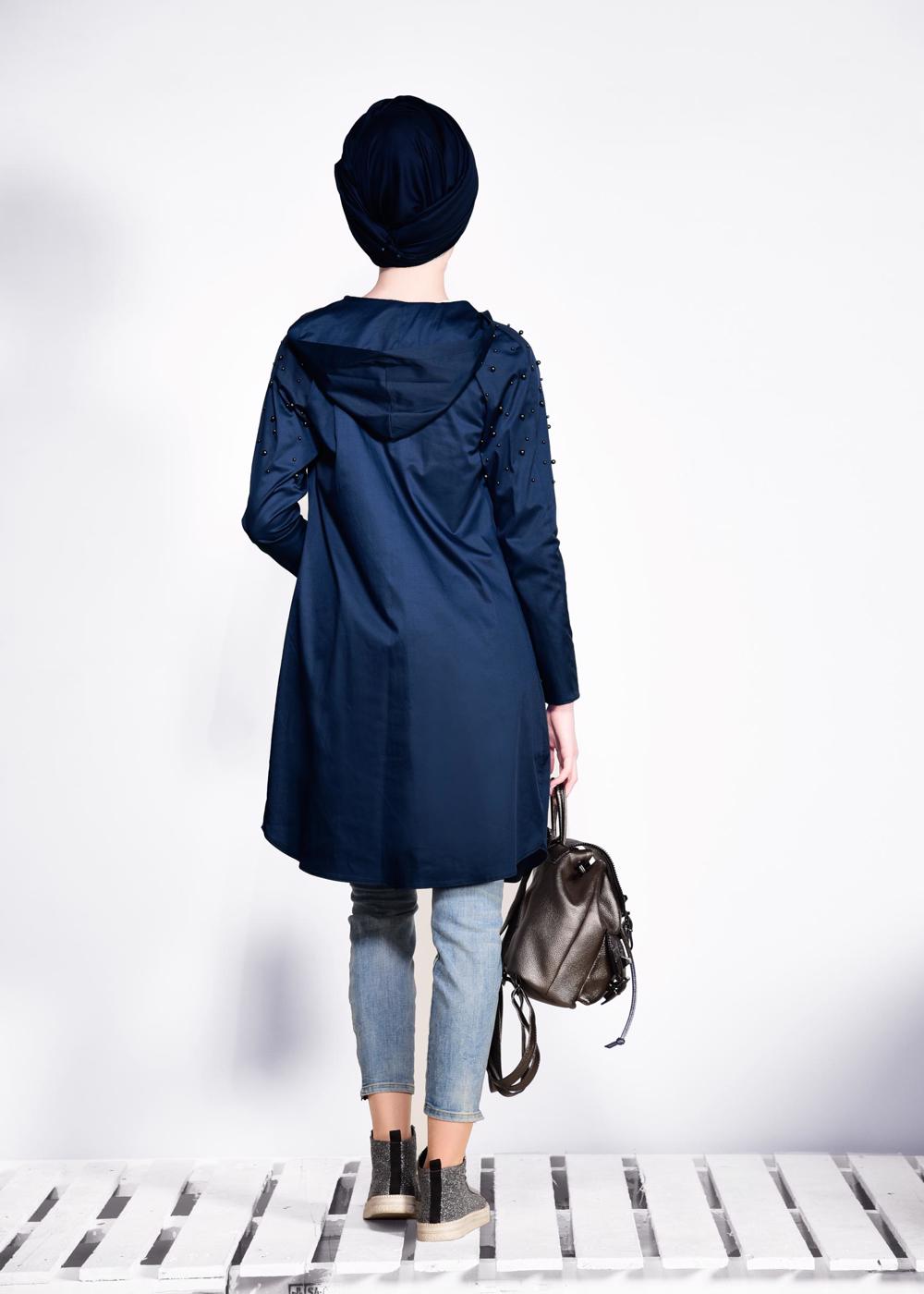 Hijab clothing NAVY BLUE Hooded Bead Embroidered Jacket T 4247 