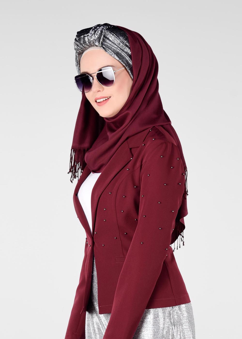 Tesettür giyim BORDO BONCUK DETAYLI BLAZER CEKET 4978