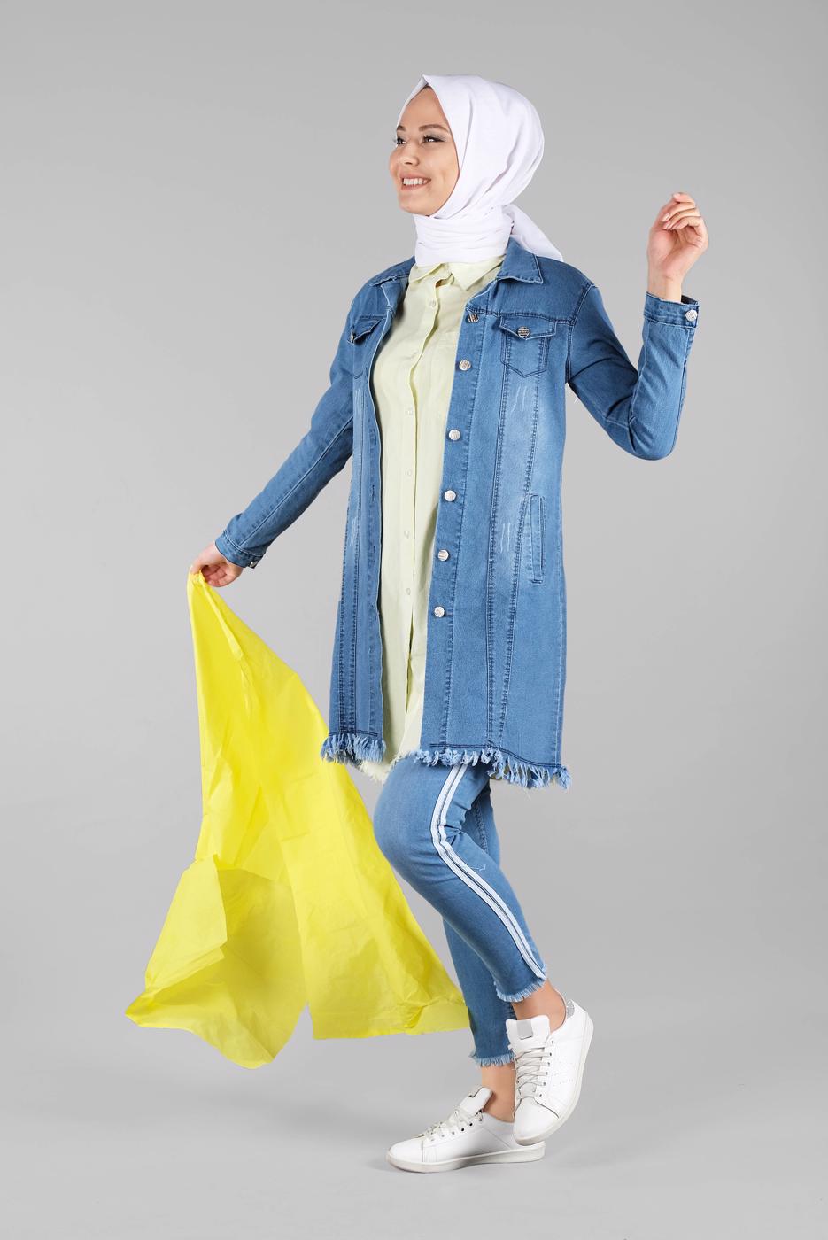 Tesettür giyim LACİVERT ETEK UCU PÜSKÜLLÜ DENİM CEKET 5005 