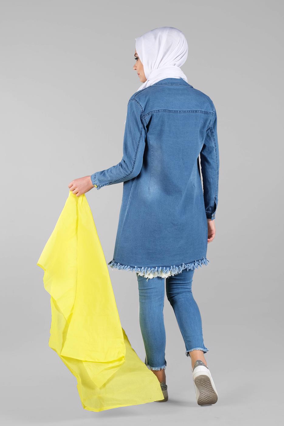 Tesettür giyim LACİVERT ETEK UCU PÜSKÜLLÜ DENİM CEKET 5005 