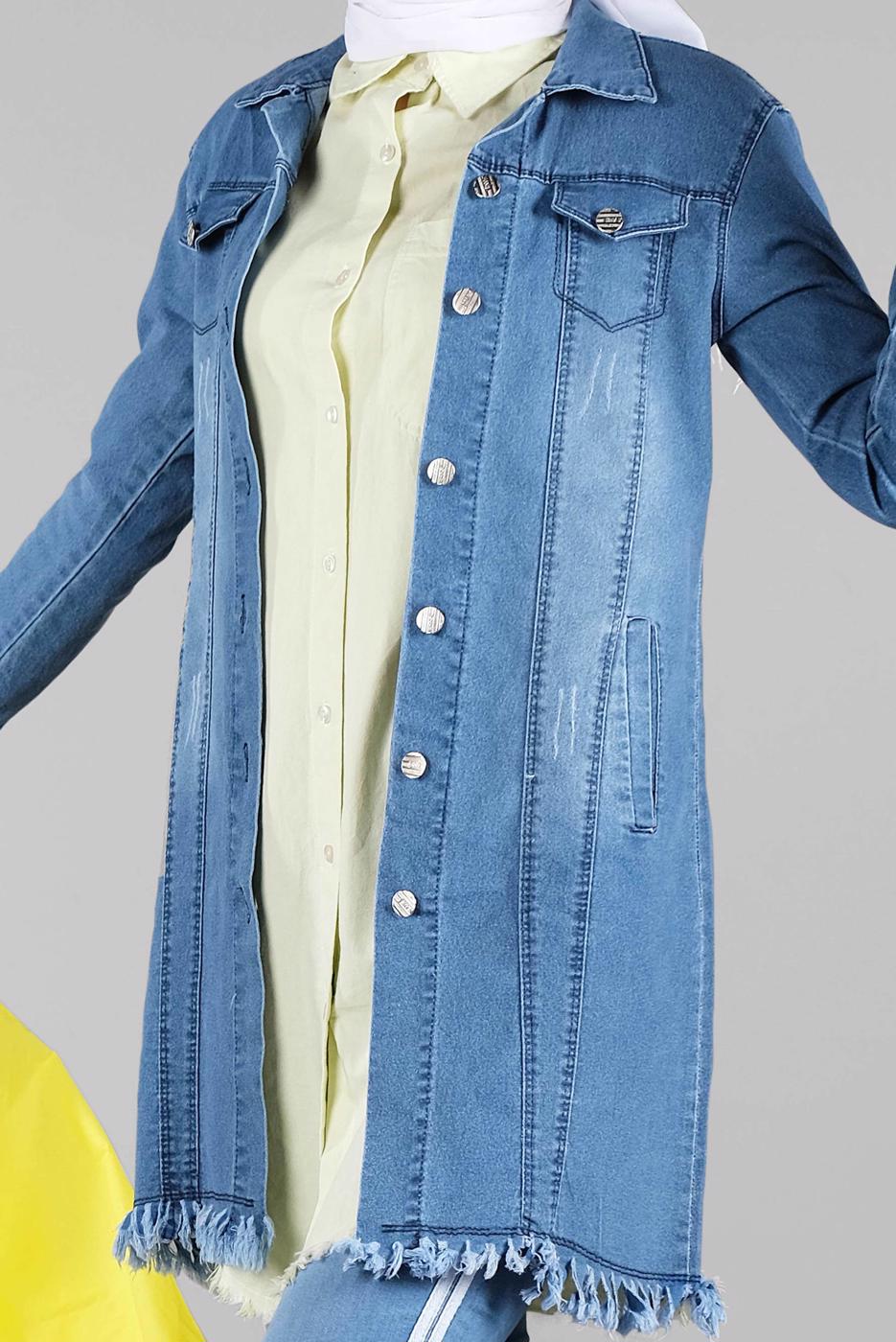 Tesettür giyim LACİVERT ETEK UCU PÜSKÜLLÜ DENİM CEKET 5005 