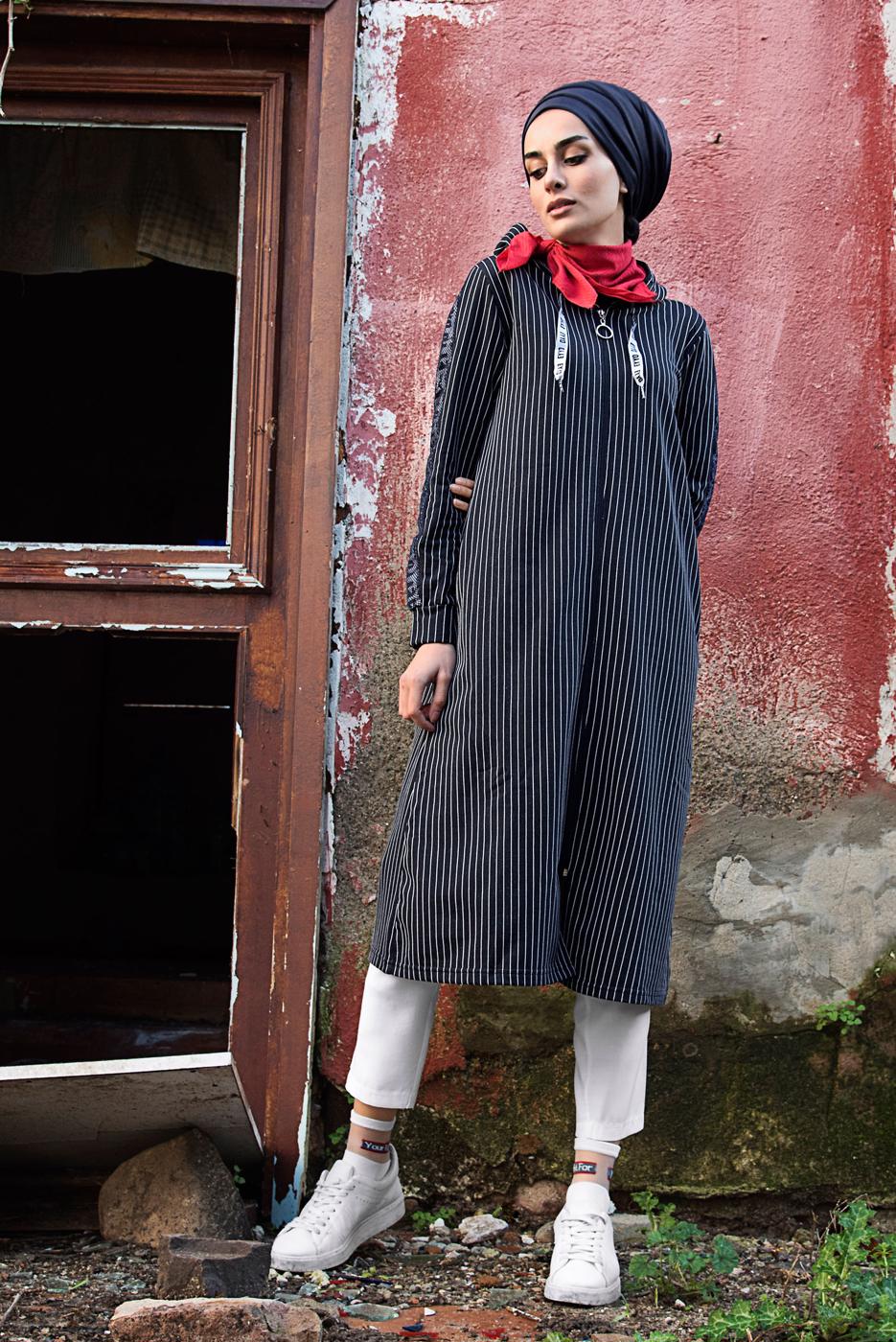 Hijab clothing NAVY BLUE Sport Zipper Jacket T 7110 